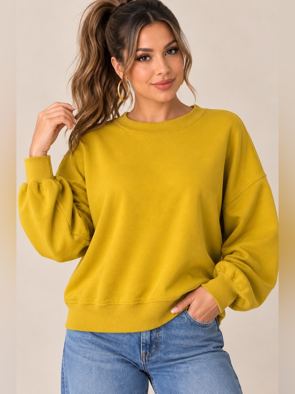 Zenana Outfitters Mustard Drop-Shoulder Pullover Sweatshirt